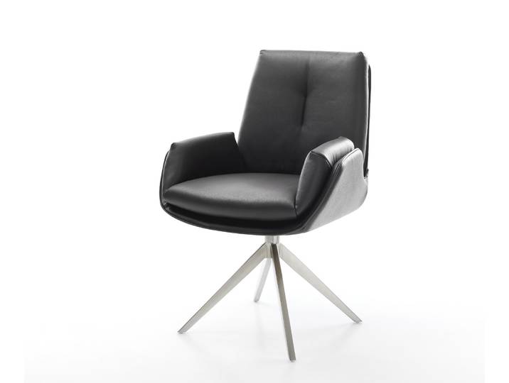 Drehstuhl Clea-Flex Echt-Leder Schwarz Kreuzgestell breit Edelstahl 360° drehbar Wippfunktion, Esszimmerstühle