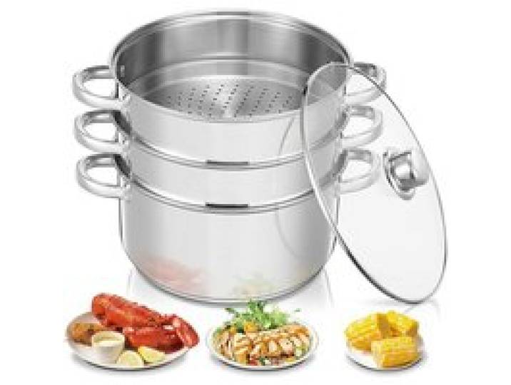 Marmite à Vapeur en Acier Inoxydable Cuiseur Vapeur Casserole (3 en 1) Diamètre 26 cm avec Couvercle en Verre Cuis CUISEUR A VAPEUR