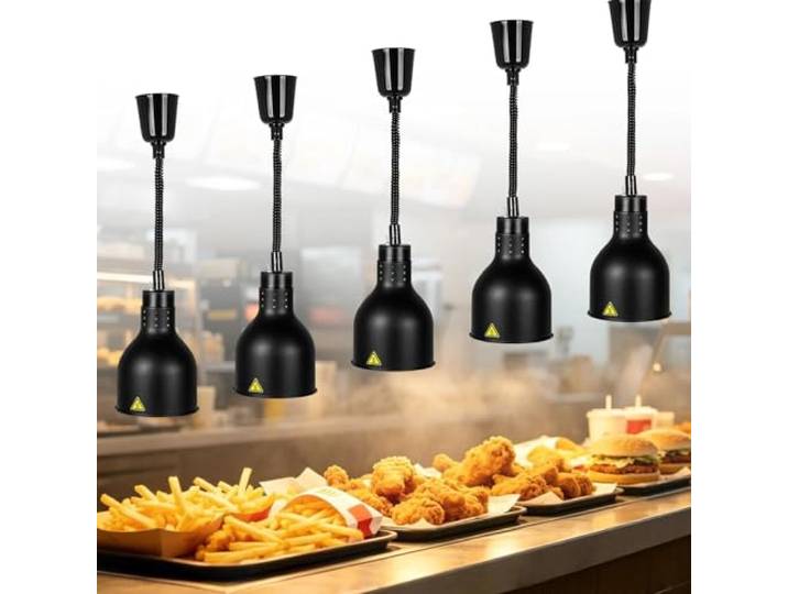 VFDZ Wärmelampe Gastronomie für Speisen, Höhenverstellbar 60-180cm(D,5 STK) Wärmebrücke Küche Gastro, Hängende Speisenwärmer Lampe für Gastro Küche Buffet Restaurant, 250W 220V