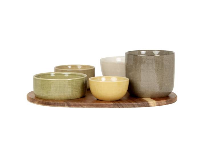 Aperitifschüsseln aus Keramik mit Tablett aus Akazienholz, grün, gelb, beige, Set aus 5