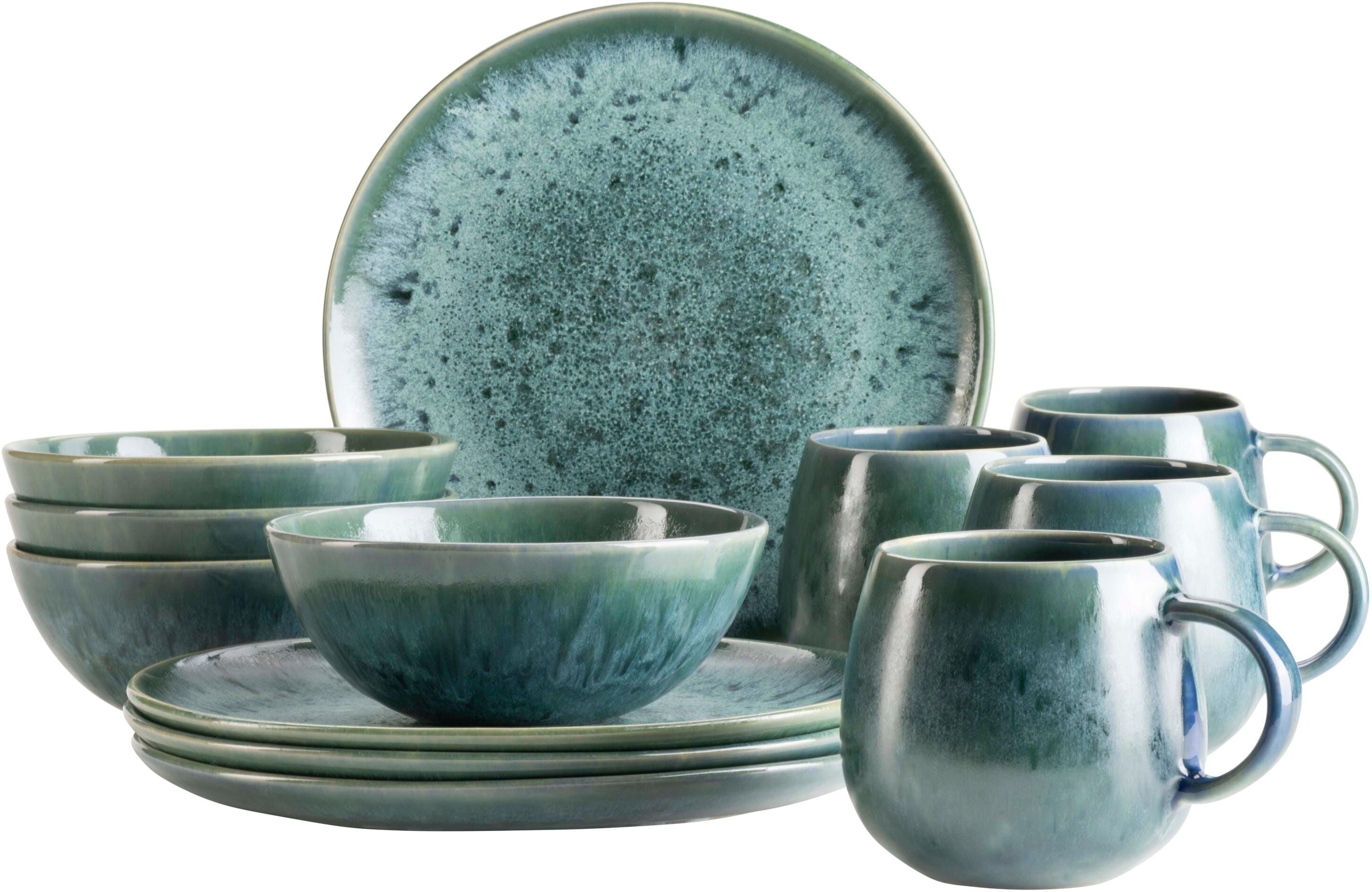 Frühstücks-Geschirrset MÄSER "Carellia 12-teilig", blau, 12 tlg., Keramik, Steinzeug, Geschirr-Sets, Frühstücks-Geschirrset blau 12 tlg.