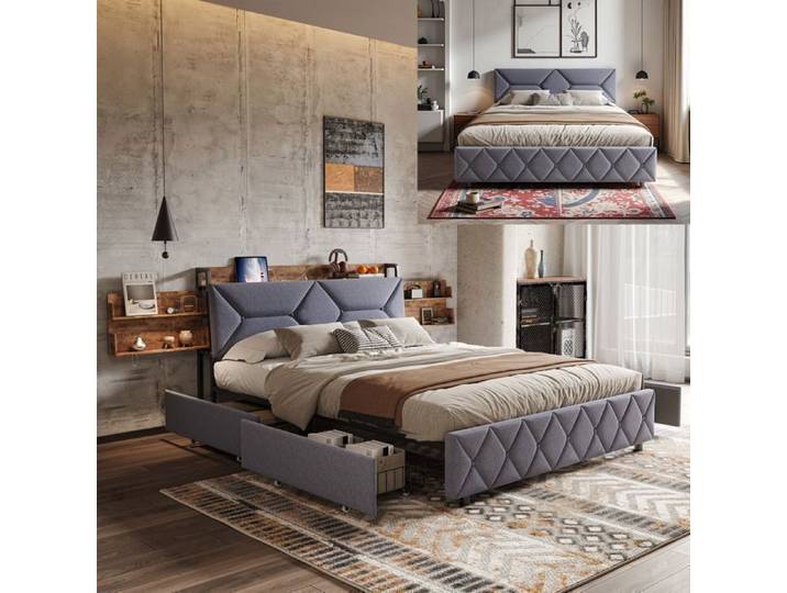 Lit 160x200 cm - lit adulte 160x200 cm - USB - tissu en Lin - structure de lit - cadre de lit adulte - Gris