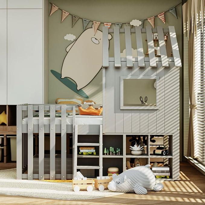 Hochbett 90x200 cm, Kinderbett mit Dach und Fenster | Ohne Matratze, Holzbett mit Offenem Stauraum, Hausbett mit Kletterleiter, Bett für Kinder Jugendliche Grau