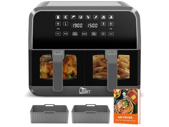 Uten Heißluftfritteuse Dual Zone 8 L Doppelkammer Sichtfenster 1700 W Sichtfenster mit beleuchtung, digitalanzeige, sync-funktion, spülmaschinenfest, inklusive rezepte und silikonpads