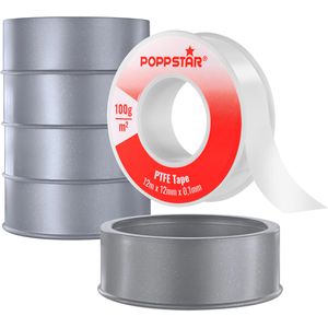 Poppstar Dichtungsband PTFE extra stark, 5 Stück, wasserdicht, weiß, 12mm x 12m