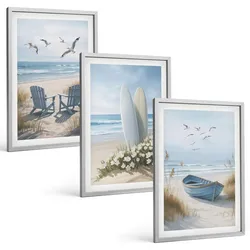BILDER SET 3er Set - 40x60 cm Silberner Rahmen - Strand Surfbretter Vögel