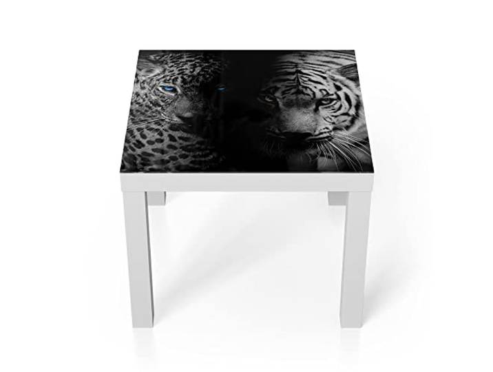 DEQORI Glastisch weiß klein 55x55 cm Motiv Leopard und Tiger ausgefallener Beistelltisch aus Glas Hochglanz Couchtisch fürs Wohnzimmer moderner Couch Tisch mit Design