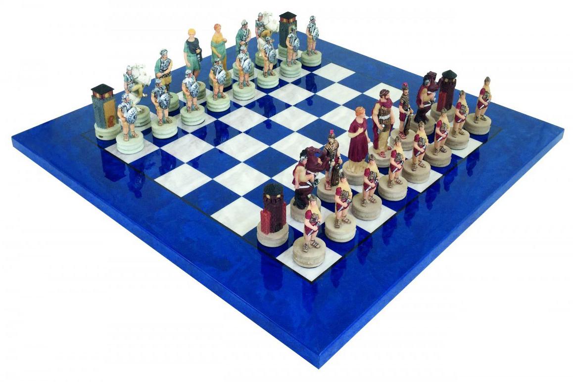 Italienisches Schachfiguren-Set Griechen Gegen Römer + Schachbrett Weiss/Blau 42
