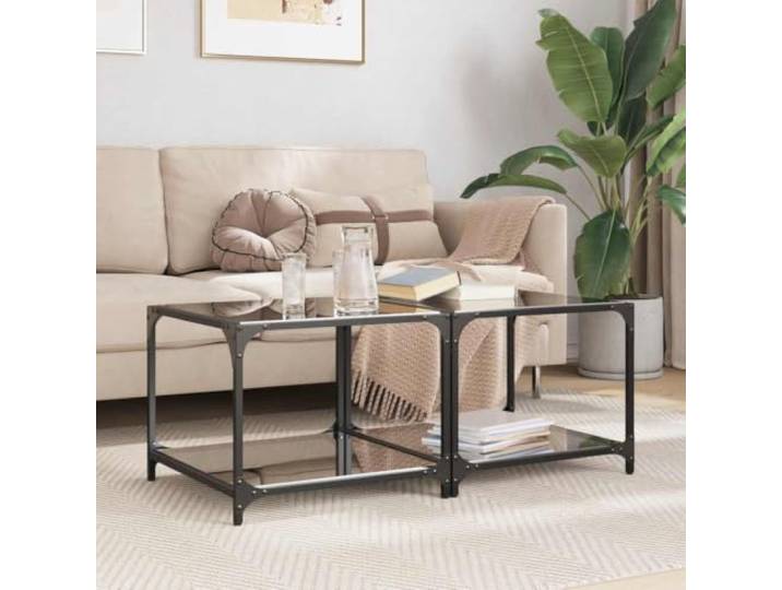HEFZGDB Couchtische mit Glasplatte 2 STK. Schwarz 50x50x40 cm Stahl, Robuste Wohnzimmertische mit Edelstahlgestell, Langlebige und Pflegeleichte Beistelltische für Moderne Einrichtung