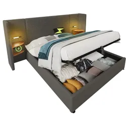 Polsterbett 180x200 cm mit Stauraum und USB-Anschluss – Elegantes Design in Grau mit Hydraulik und Holzablage