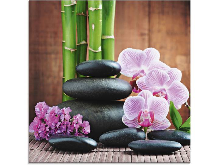 Glasbild ARTLAND Spa Konzept Zen Steinen Orchideen , pink (farbe bild(er): pink), B:30cm H:30cm, Bilder, Glasbild, in verschiedenen Grössen