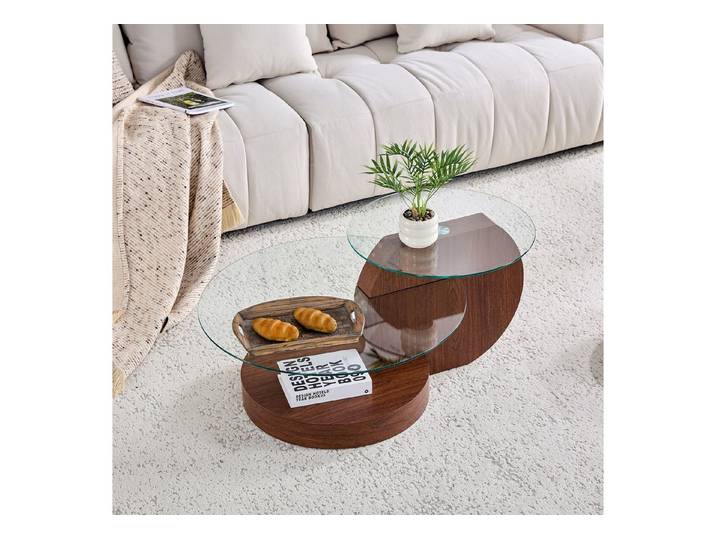 HAUSS SPOLE Couchtisch Wohnzimmertisch mehrstufig,Sicherheitsglasplatte Walnussholzoptik MDF (Sofatisch aus hochwertigem MDF gefertigt, Basisfuß-Design mit rutschfesten Füßen), Einfache Installation