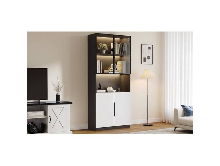 Vitrine Minimaliste Moderne 80x30x200cm Blanche Portes en Verre + Éclairage LED Température de Couleur & Luminosité Réglables