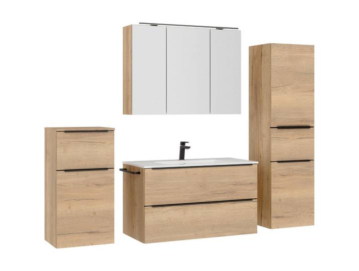 Nobilia Badezimmer, Eichefarben, Holzwerkstoff, 5-teilig, 4 Fächer, 2 Schublade(n),2 Schublade(n) Schubladen, G, 191 cm, Goldenes M, Made in Germany, Griffeauswahl, hängend, Zusatzausstattung erhältlich, Typenvielfalt, Badezimmer, Badmöbelsets & -serien, Badmöbelset