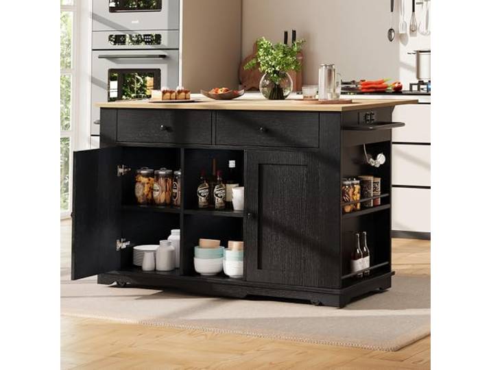 FammyLoft Kücheninsel mit Rollen, Mobile Küchenschrank mit Steckdosenleiste Ausgestattet, Küchenkommode mit Klappbarer Arbeitsplatte, Küchen Sideboard, für Esszimmer, 151,5cm, Holzmaserung, Schwarz