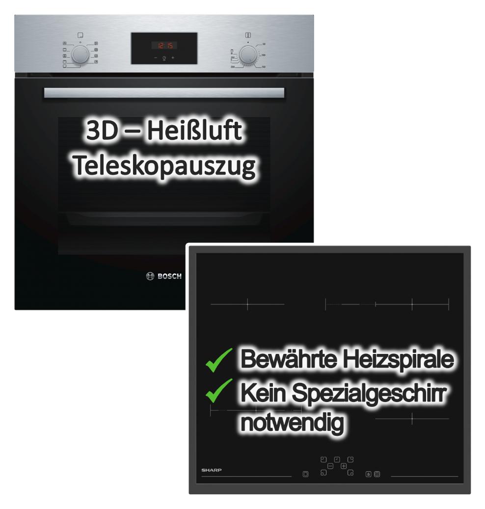 Herdset BOSCH Einbaubackofen 3D Heißluft Teleskopauszug+ Sharp Elektrokochfeld Bräterzone Zweikreis Kochzone Touch
