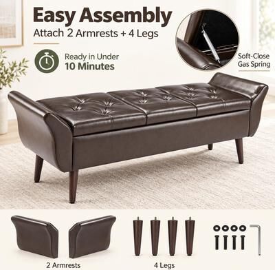 EP Light Mid-Century Faux Leather Storage Ottoman Bench with Dual Lift-Top