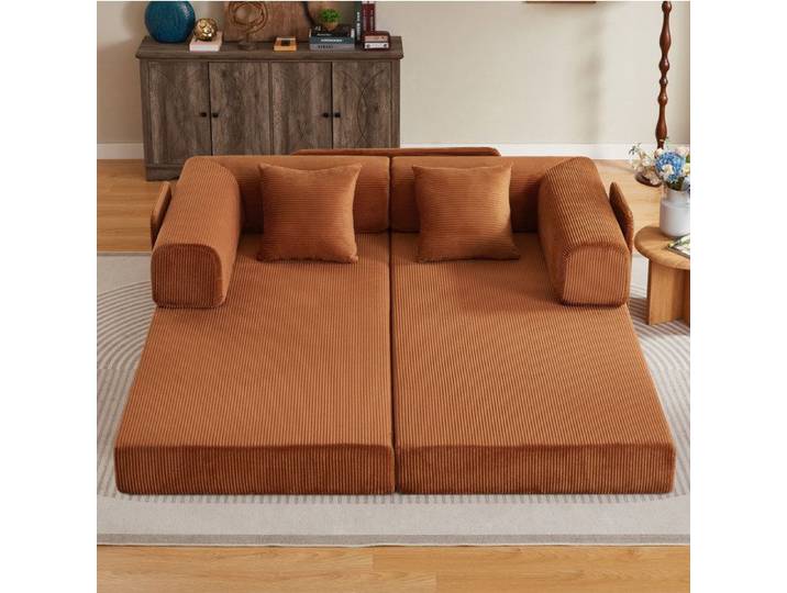 COVREO Canapé convertible 2 places en mousse et velours côtelé Terracotta 2 coussins inclus