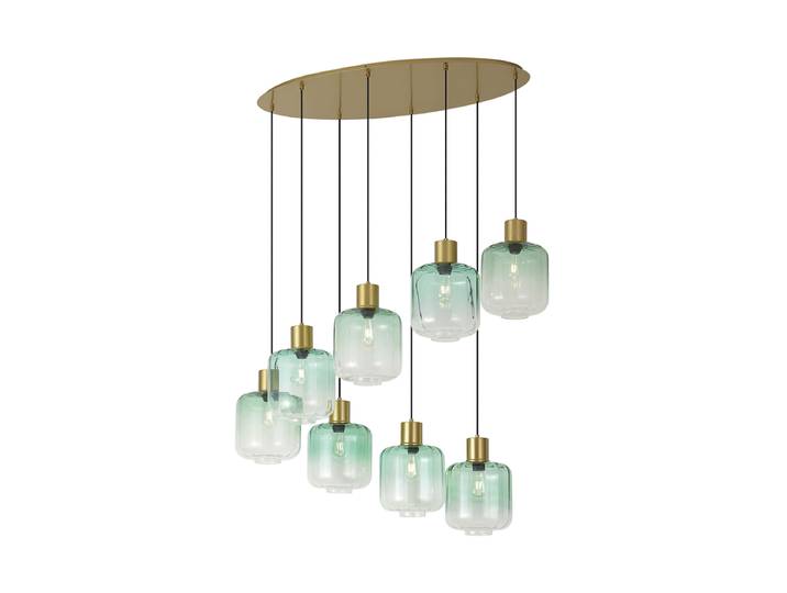 Hotel Chique hanglamp messing met blauw en groen glas 8-lichts -