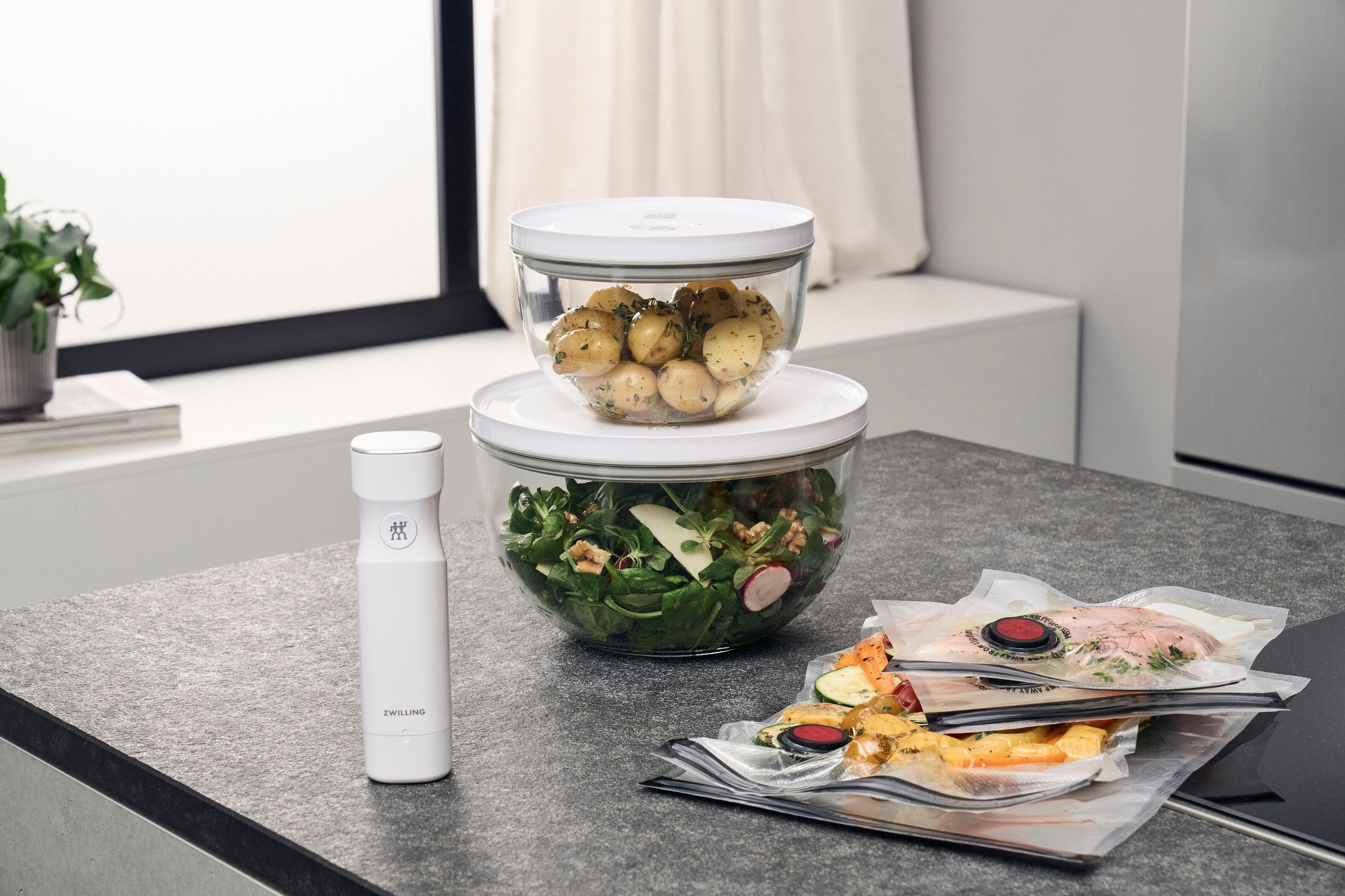 Aufbewahrungssystem ZWILLING "Fresh & Save BOWLS", weiß (transparent, weiß), Glas, Lebensmittelaufbewahrungsbehälter, Aufbewahrungssystem, Vakuum Starter Set, Glas / M/L, 9-tlg.