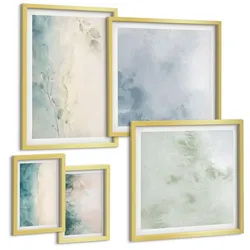 BILDER SET 5er Set - 50x50 cm & 20x30 cm & 40x60 cm Goldrahmen - Aquarell-Leinwandstil