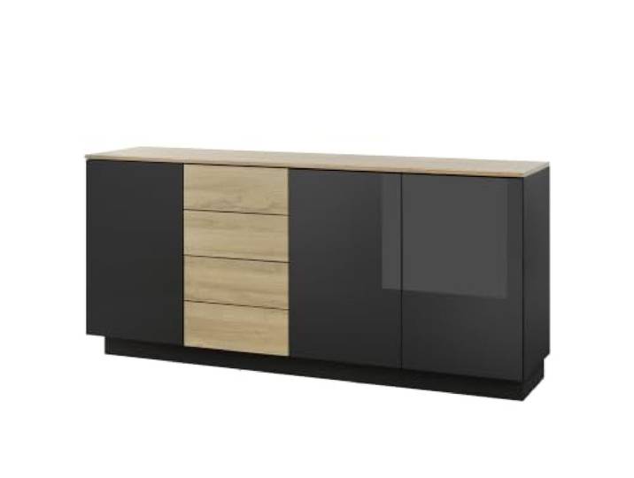 LIVOJO M14 Wohnzimmer Sideboard Kommode breit 181 x 85 x 43 cm Schwarz Hochglanz & Grandson Oak hell