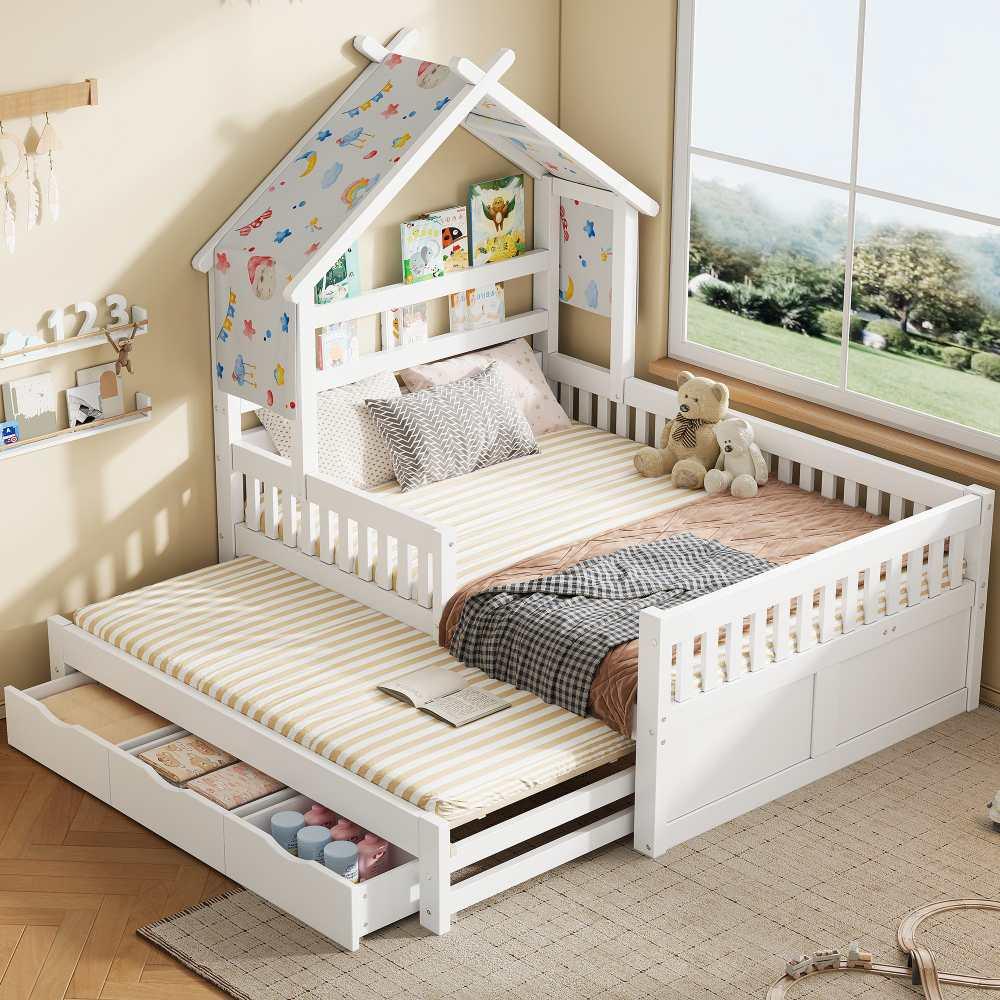 AIORBER Hausbett 140x200 Kinderbett mit Ausziehbett, 3 Schubladen und Rausfallschutz, Massivholz, Weiß