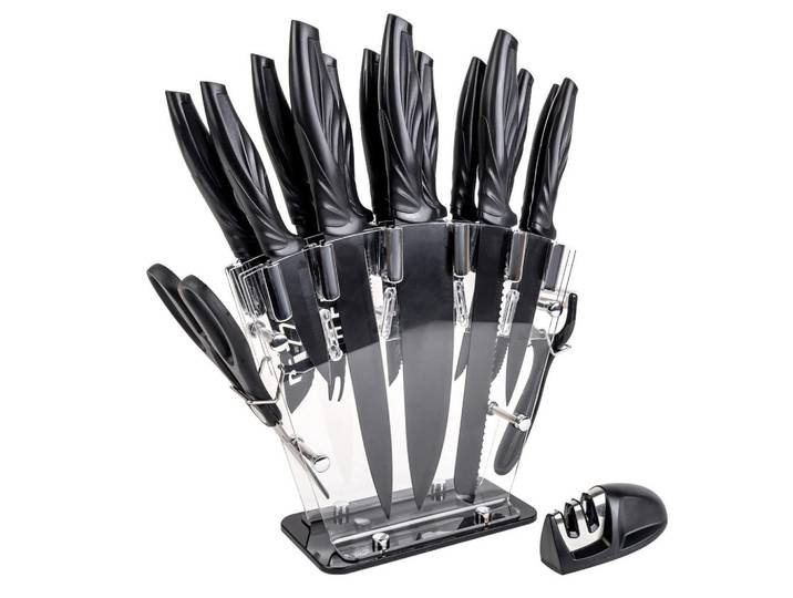 Intirilife Küchenmesser Set mit Messerblock und Schärfer (17-tlg.), Schwarz, Metall, 11.5x23.5x36 cm, Kochgeschirr, Küchenmesser, Messerblöcke