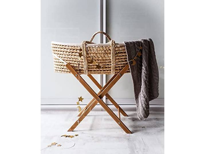 Babywiege mit Baby Moseskorb mit Ständer und dreilagiger Matratze, Stubenwagen mit Klappständer, handgefertigter Baby-Schlafkorb, naturfarbener Ständer