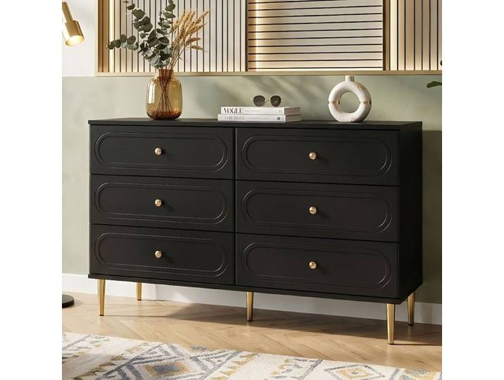 Commode Chiffonnier 120x40x75cm - 6 Tiroirs Ovales - Pieds Métal Surélevés - Rangement Grand Salon - Bois MDF et PB Noir