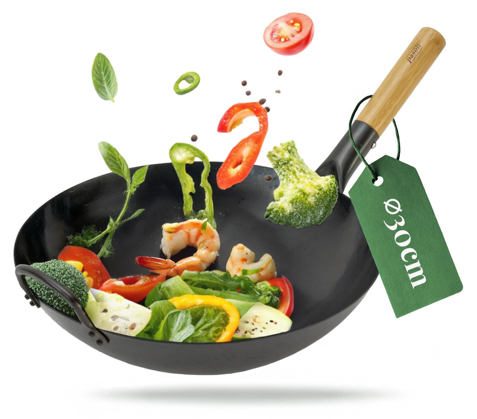 Handgemaakte Carbon Stalen Wok met Houten Handgreep 30 cm