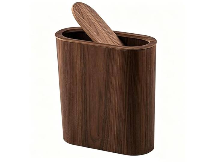 DLLDQBD Ovaler Holz-Mülleimer mit Druckdeckel, nordischer Stil schmaler Abfallbehälter, praktischer Papierkorb für Bad Wohnzimmer und Schlafzimmer(Color:Dunkelbraun)