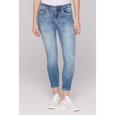 Slim-fit-Jeans SOCCX, Damen, Gr. 26, Normalgrößen, blau (saltwater destroy), Denim/Jeans, Material: 98% Baumwolle, 2% Elasthan, Zusatz: Enthält nichttextile Teile tierischen Ursprungs (Badge), Abriebeffekte, slim fit, Jeans Slim-fit-Jeans, mit...