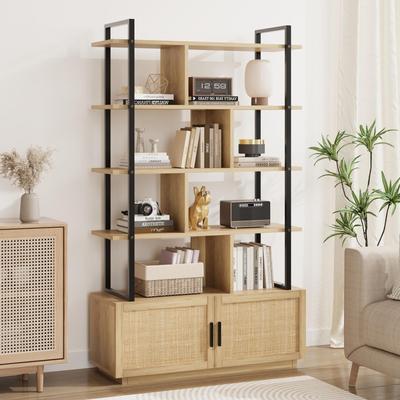 Garvee "71"" 5-Tier Rattan & Metal Frame Bookshelf, Open Storage Bookcase"