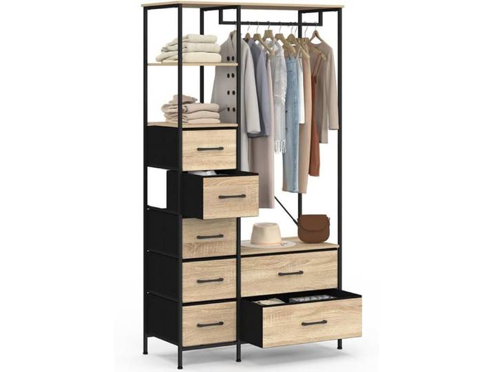 IDMarket Dressing penderie UTAH 90x40x167 cm 7 bacs en tissu 2 étagères Noir et Bois