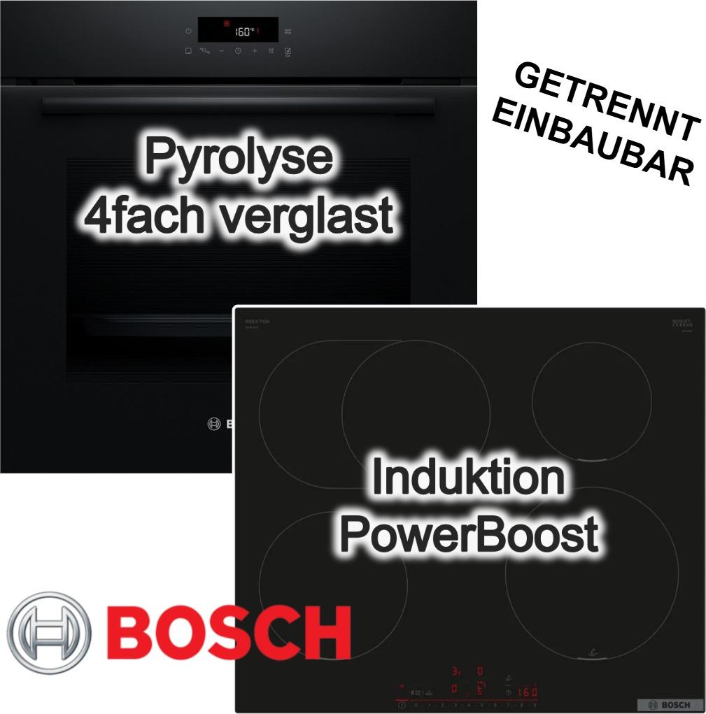 BOSCH Herdset 3D-Heißluft Pyrolyse LED-TouchControl + Induktionskochfeld autark PowerBoost PerfectFry TouchControl rahmenlos