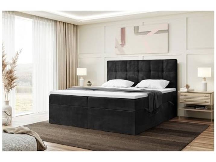 MEBLINI Boxspringbett mit Bettkasten - 160x200 - Gepolstert Doppelbett mit Matratze und Topper - Polsterbett mit Stauraum - Bett mit Kopfteil - Kai - H3/Schwarz Samt