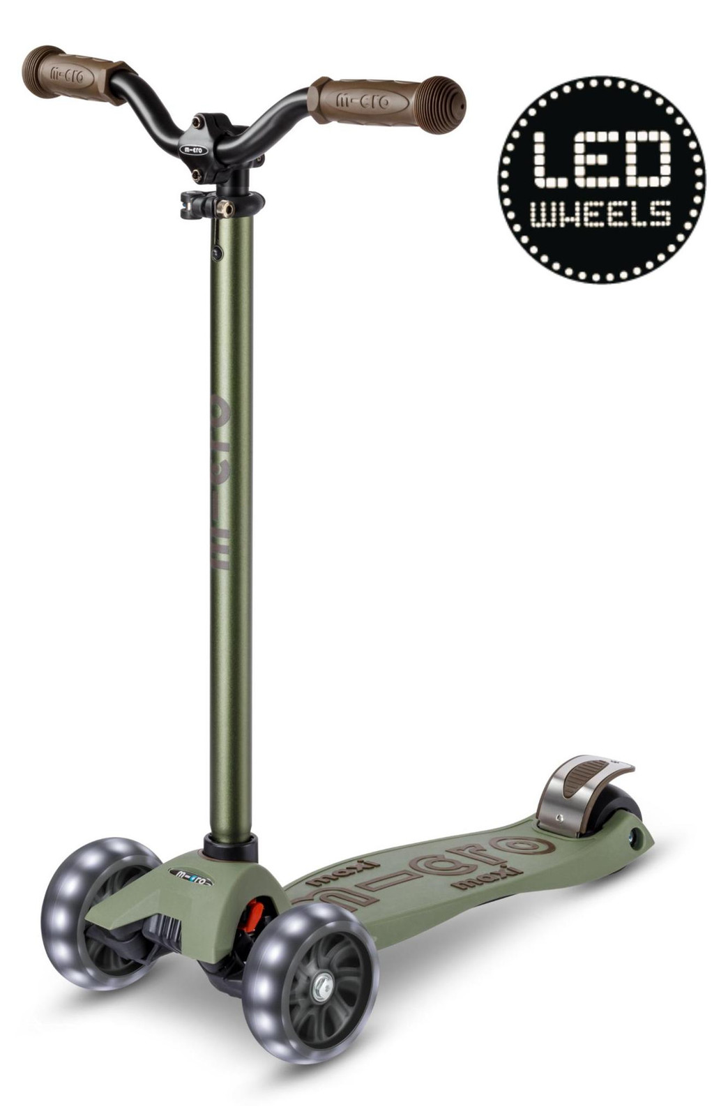 Micro Maxi Micro Step Deluxe Pro LED Kinderloopfiets met 3 wielen, olijgroen