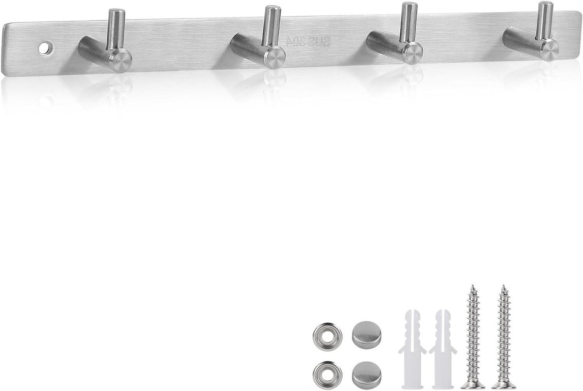 SnelShoppen RVS Wandhaakstrip met 4 haken voor handdoeken, kleding en accessoires