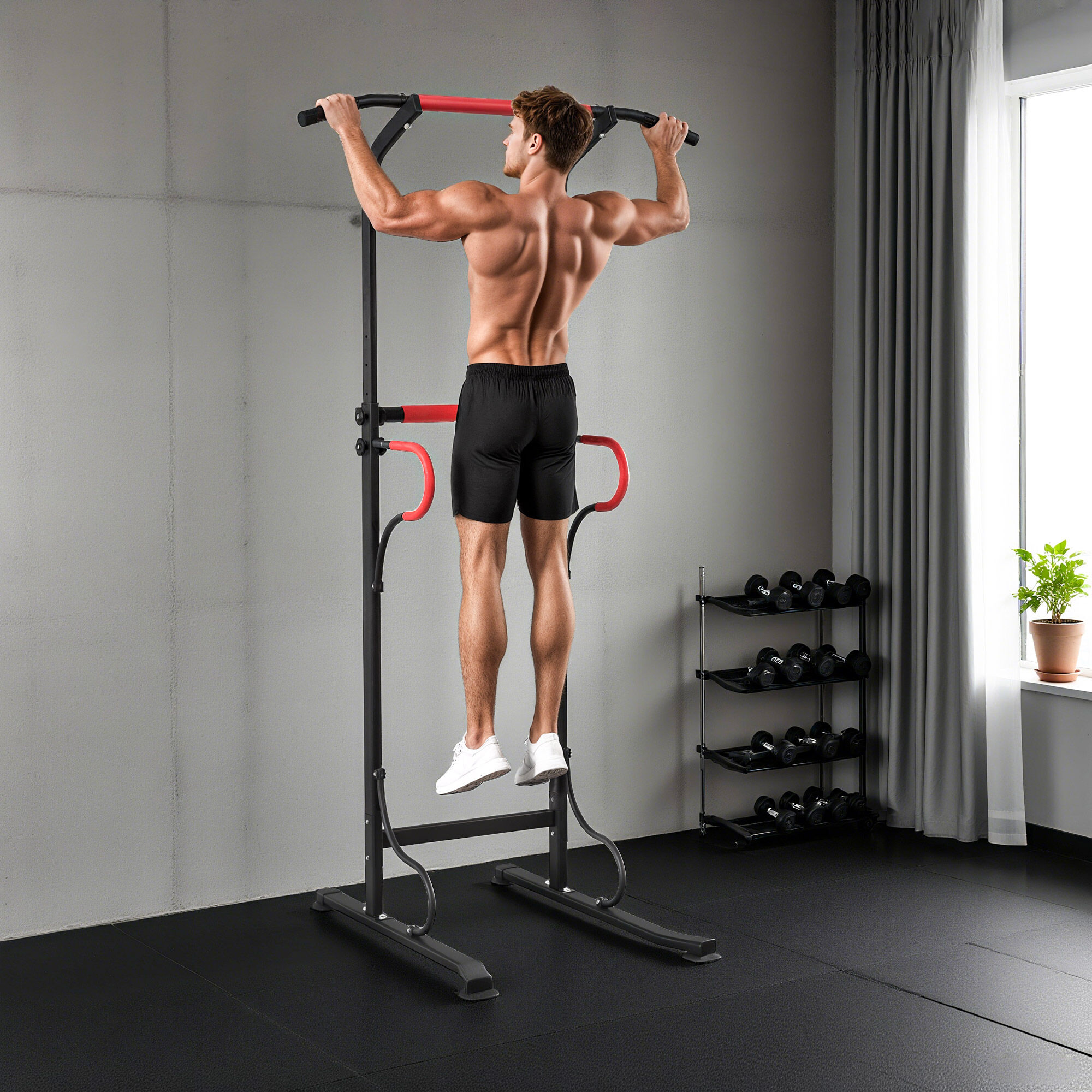 Altro Barra Per Trazioni Power Tower Stazione Fitness Multifunzione Con Altezza Regolabile 171-219cm Nero Rosso