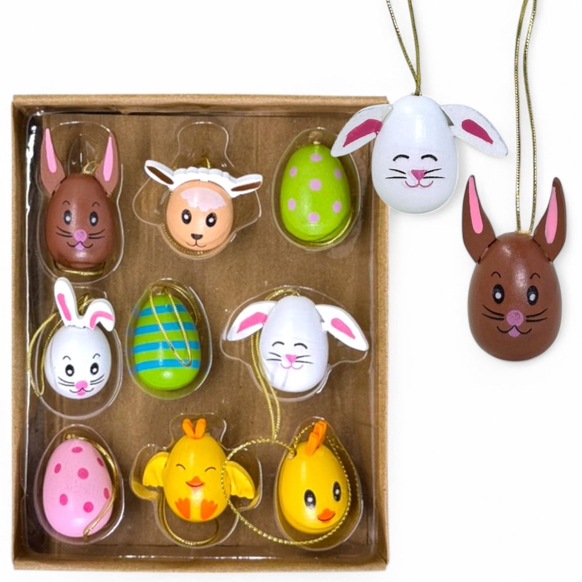 Dailygoods Set van handbeschilderde houten paashangers met eieren, hazen, kuikens en lammetjes voor paasdecoratie, 2 x 3 cm