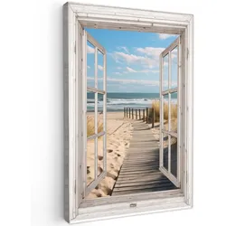 LEINWANDBILD Fenster - Meer - Küste - Natur - Ausblick - Strand - Wattenmeer Wanddeko Schlafzimmer 60x90 cm