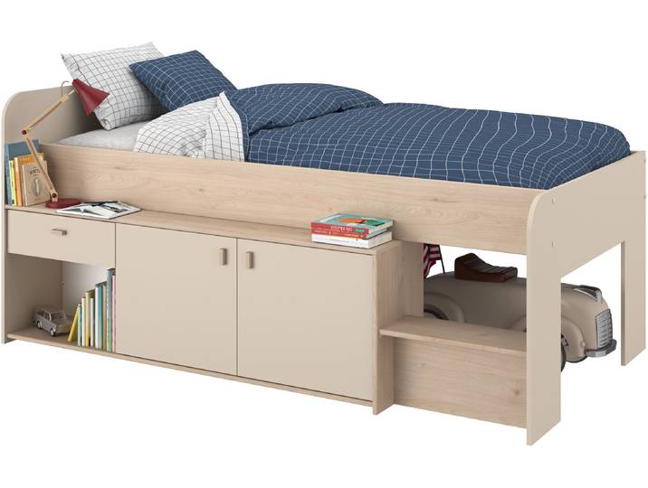 Stauraumbett PARISOT, beige (jackson eiche nachbildung, kaschmir, jackson eiche nachbildung, jackson eiche nachbildung), B:110cm H:90cm L:203cm, Betten, Stauraumbett