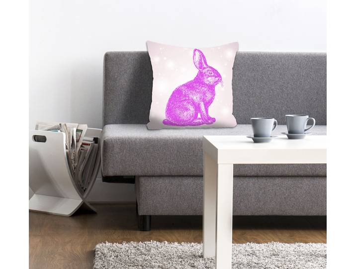 Dekokissen QUEENCE Hugo , pink (pink, bedruckt), B:40cm L:40cm, Polyester, Dekokissen_Sitzkissen_Kissenhüllen, Dekokissen, mit einem pinken Hasen