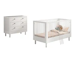 BABYBETT SET 70x140 Keeley Buche Weiß Holz Kommode Komfort Stabil
