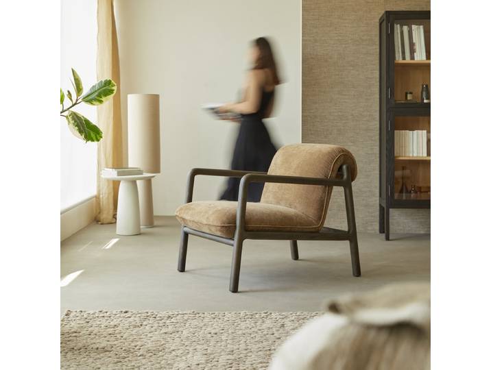 Sessel aus massivem Eichenholz und braunem Stoff - Braun - Fabric