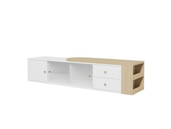 HOSAUNA Ausziehbares TV‑Lowboard mit RGB‑LED‑Beleuchtung per App & Bluetooth, TV‑Schrank mit Glasschiebetüren, Seitenregal und Schubladen, Weiß‑Natur Optik