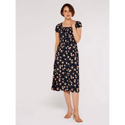 Midikleid APRICOT "Vintage Rose Milchmädchen-Kleid", Damen, Gr. XS (34), N-Gr, blau (navy), gewebt, Obermaterial: 100% Viskose CV., geblümt, Kleider Midikleid, mit Smokdetails