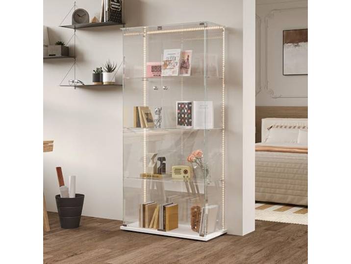Glasvitrine mit LED-Beleuchtung, Vitrinenschrank mit Schloss, Glasvitrine Staubdicht für Sammlungen, Standvitrine Glasschrank für Wohnzimmer Schlafzimmer Büro (Weiß+Lichtleiste+2Türen, 4 Schichten)