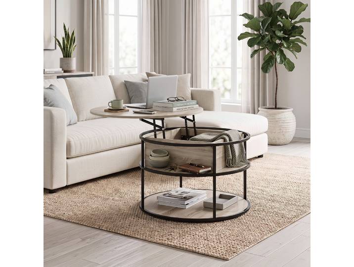 HOMCOM Table Basse Ronde Plateau Relevable Chêne Acier Rangement
